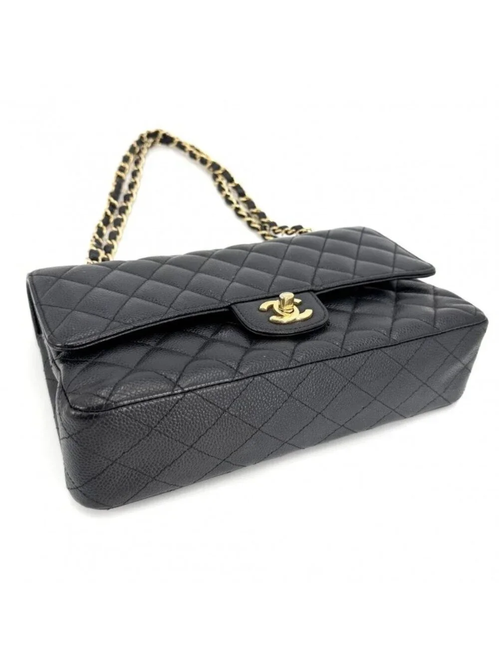 Chanel Shoulder Bag Quilted 25 Double Chain Bull Flap Caviar Leather Black Gold